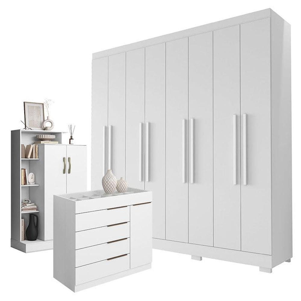 Guarda Roupa Casal Porto 8 Portas 4 Gavetas com Cômoda Sapateira Sevilha e Armário Multiuso Florença Branco Brilho - Aramóveis