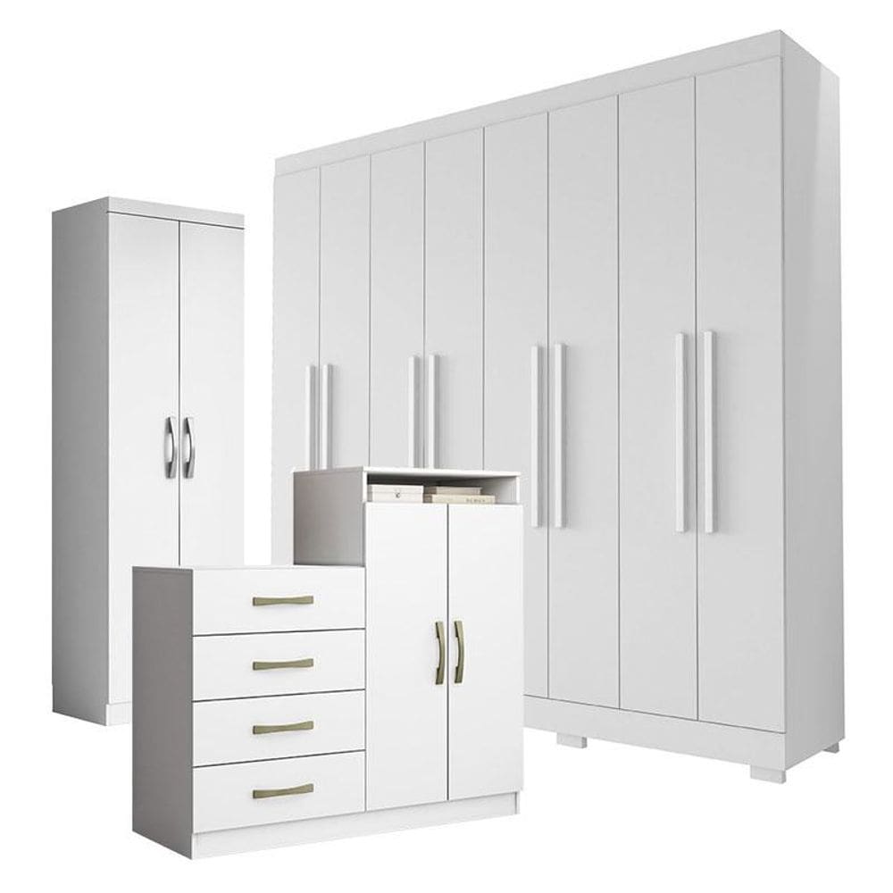 Guarda Roupa Casal Porto 8 Portas 4 Gavetas com Cômoda Sapateira Londres e Armario Multiuso 2 portas New Branco Brilho - Aramóveis