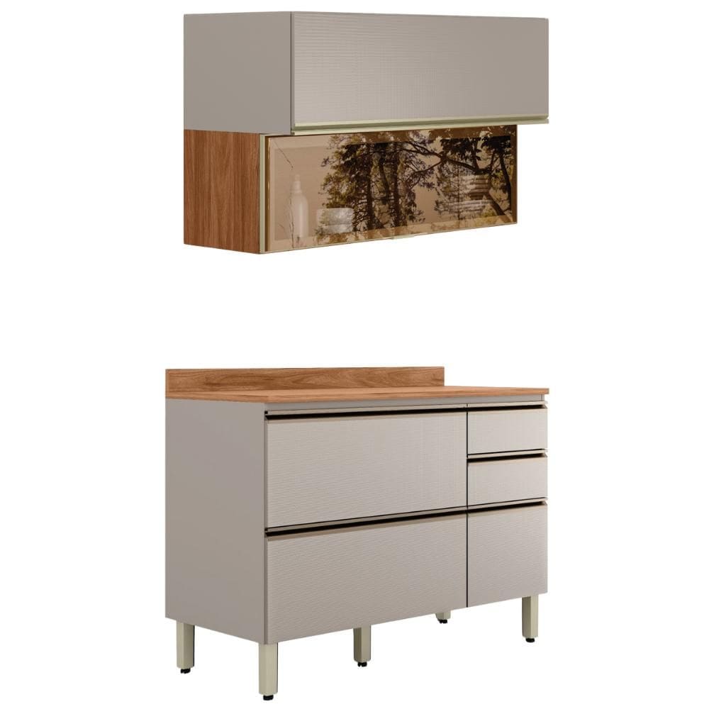 Balcao Com Tampo e Armario Aereo Vidro 120 cm Proenca Demartez