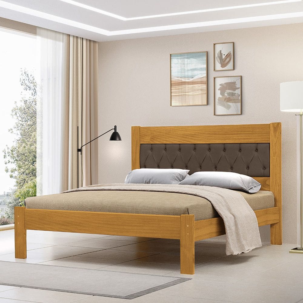 Cama de Casal de Madeira Imbuia Viena com Cabeceira Estofada Veludo Marrom