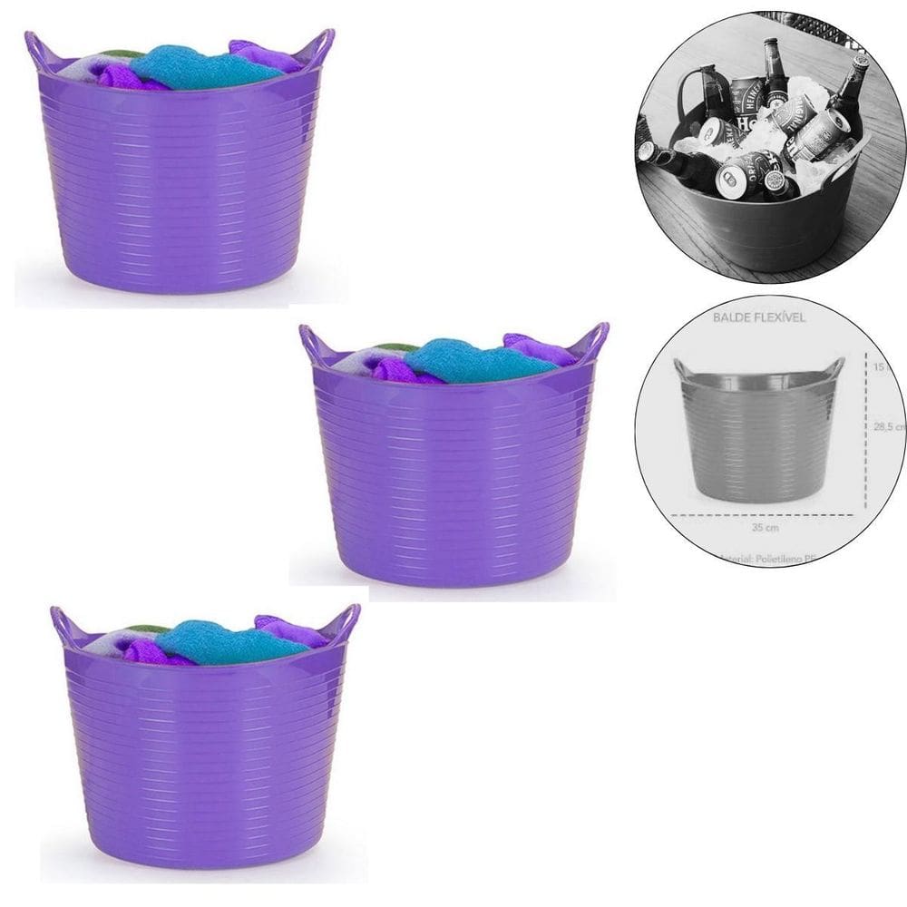 Kit 3 Cestos Balde Flexível C/Alça 15L Roxo -Fersil
