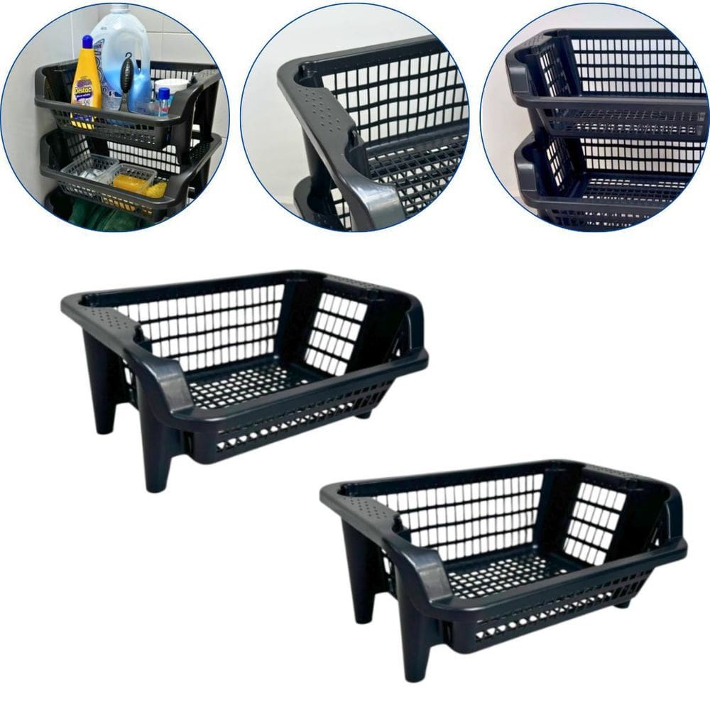 Kit 2 Cesto Plástico Expositor Empilhável Preto 16 Litros