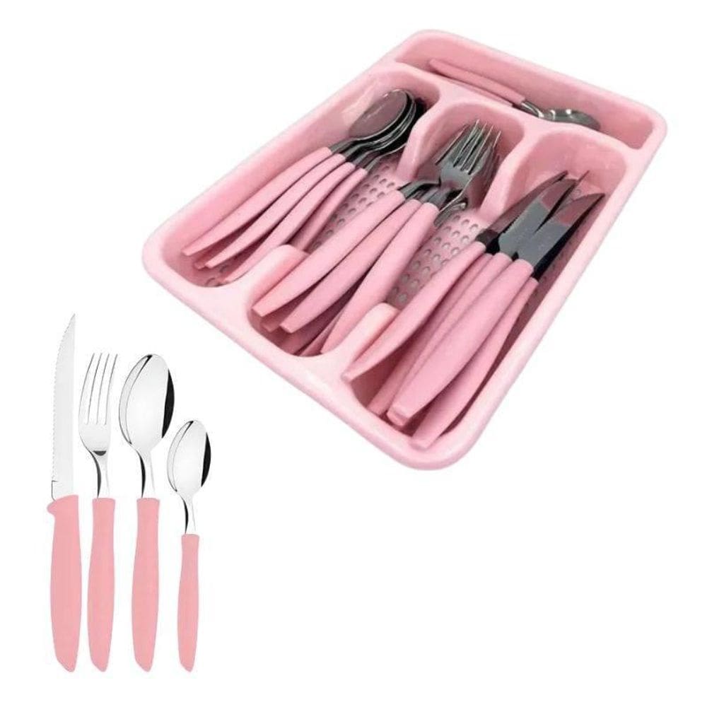 Conjunto De Talheres Rosa 24 Peças Porta Talher Com Divisão