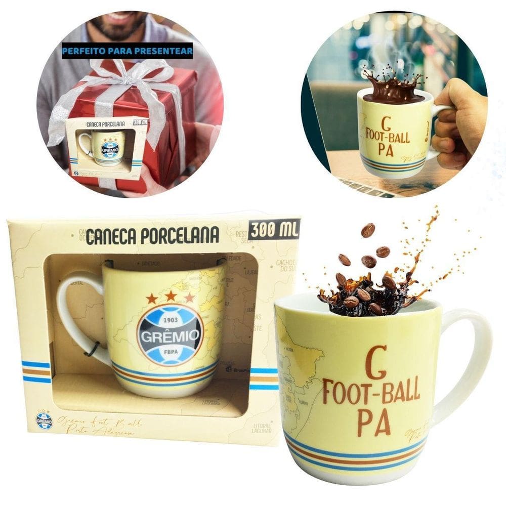 Caneca Xícara Porcelana Reforçada 300Ml Café Clube Grêmio