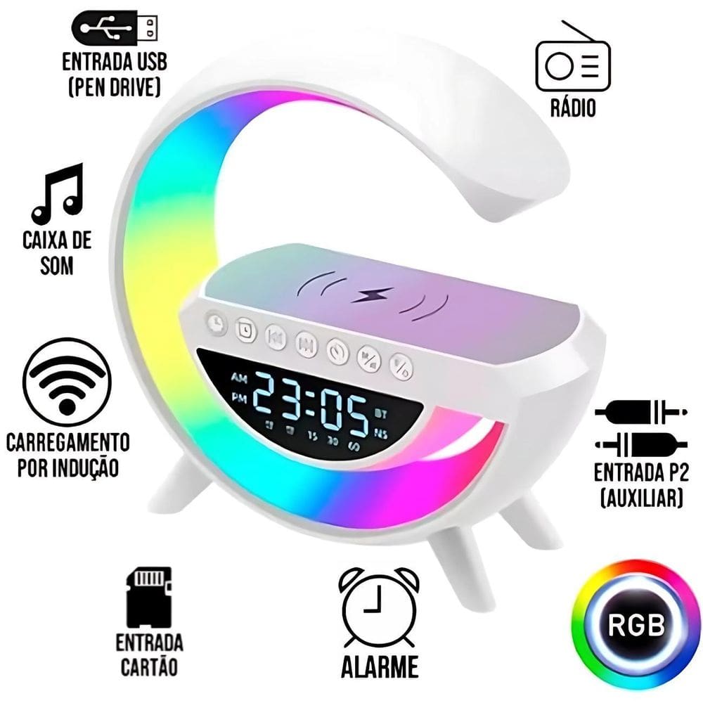 Luminária Com Dock De Carregamento Wireless E Caixa De Som