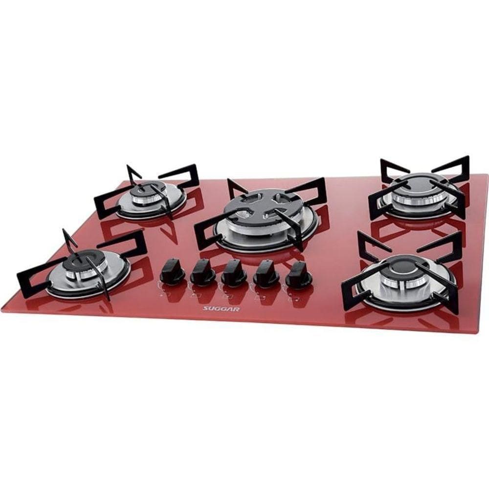 Fogão De Mesa Cooktop 5 Bocas Vidro Vermelho à Gás Suggar Fg5305vm Bivolt