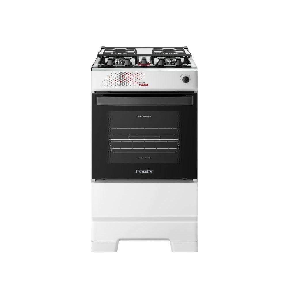 Fogão Esmaltec 4 Bocas Ideal Master Mesa Inox Tampa De Vidro Forno 50 Litros Branco T4ITB Bivolt
