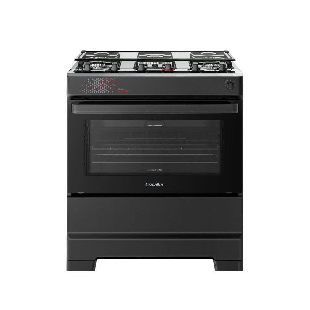 Fogão Esmaltec 5 Bocas Ideal Master Mesa Inox Tampa de Vidro Forno 84 Litros Preto T5ITP Bivolt