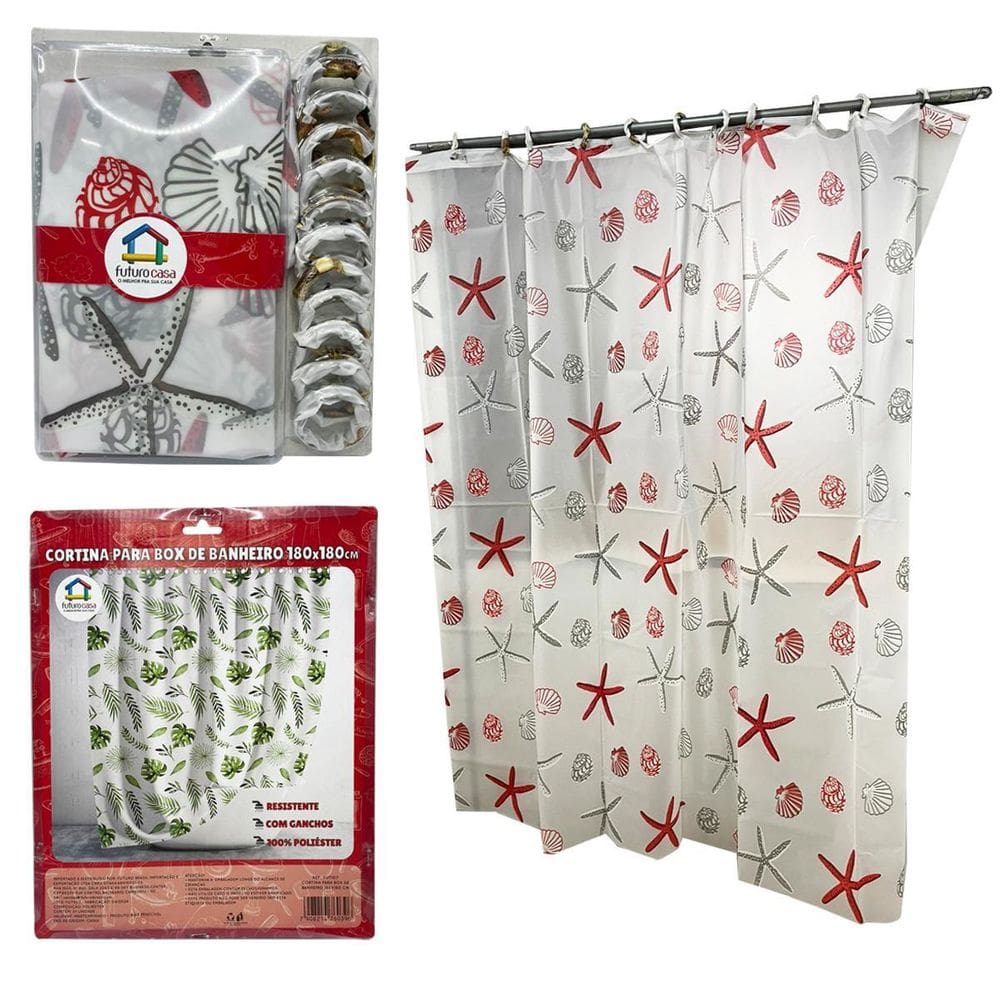 Cortina Para Box Banheiro Com Ganchos 100% Poliester 180Cm