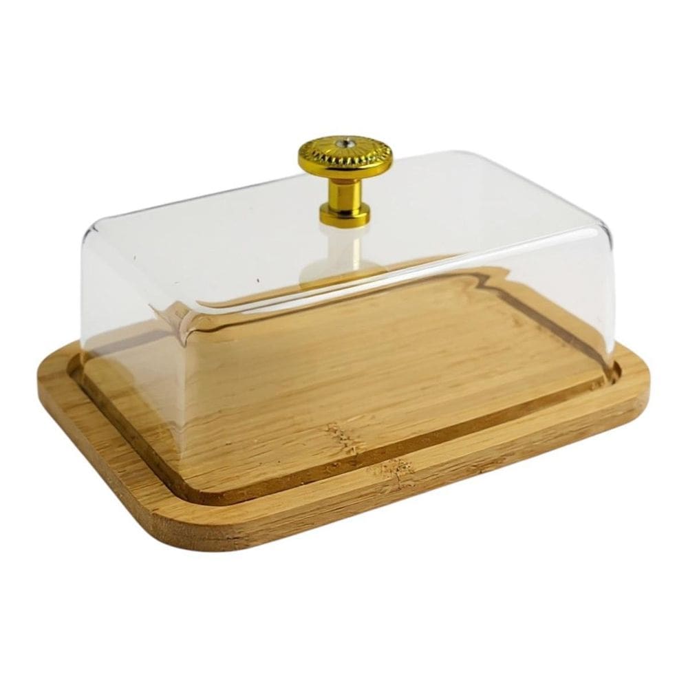 Porta Manteiga Manteigueira Com Bandeja Bambu Tampa Acrílico