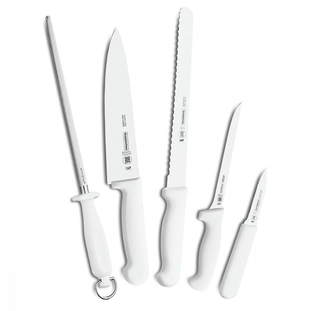 Kit Para Chefs Com Facas Tramontina Com Laminas Em Aço Inox E Cabos De Polipropileno Branco 6 Peças
