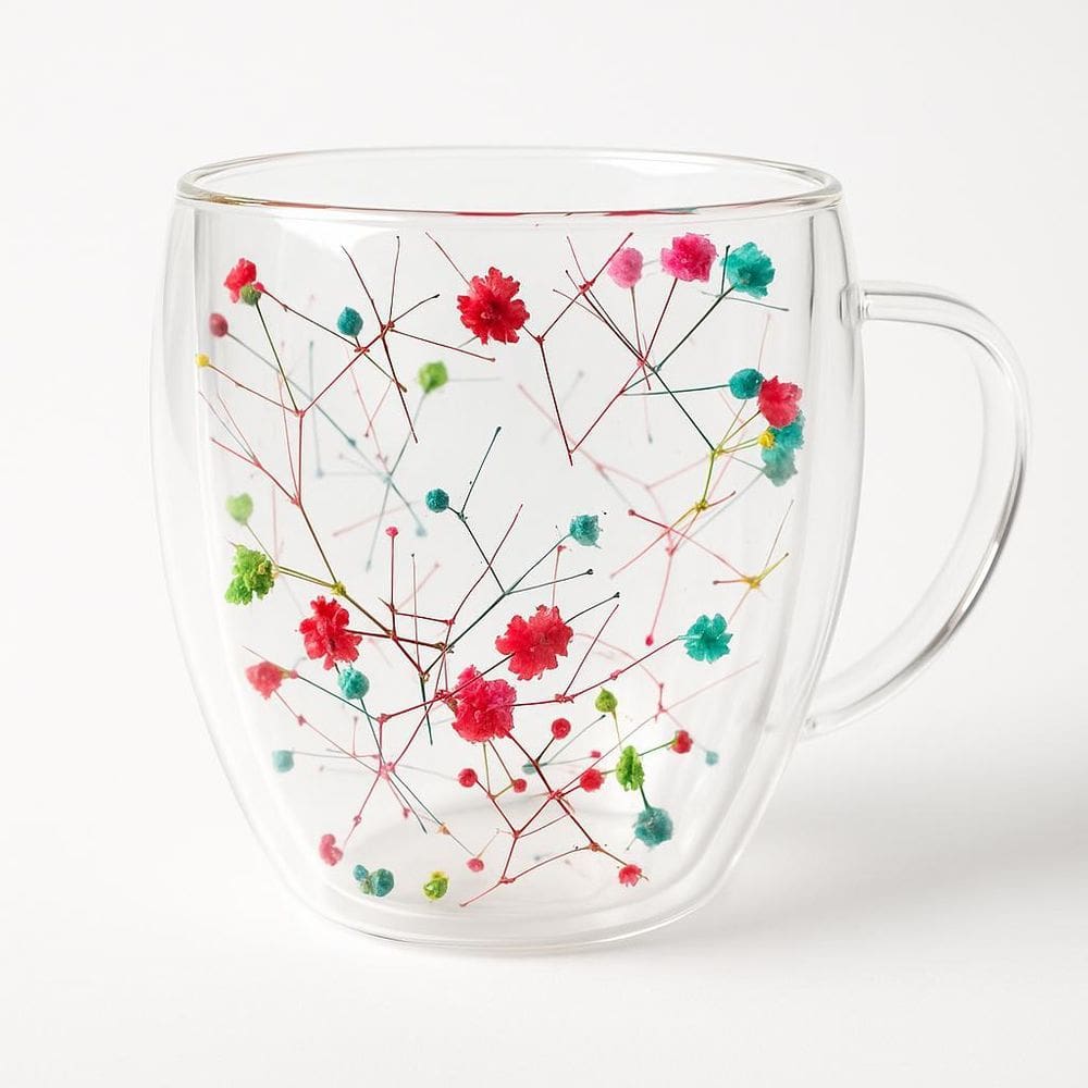 Caneca Xícara 350Ml Chá Café Parede Dupla Vidro Flores