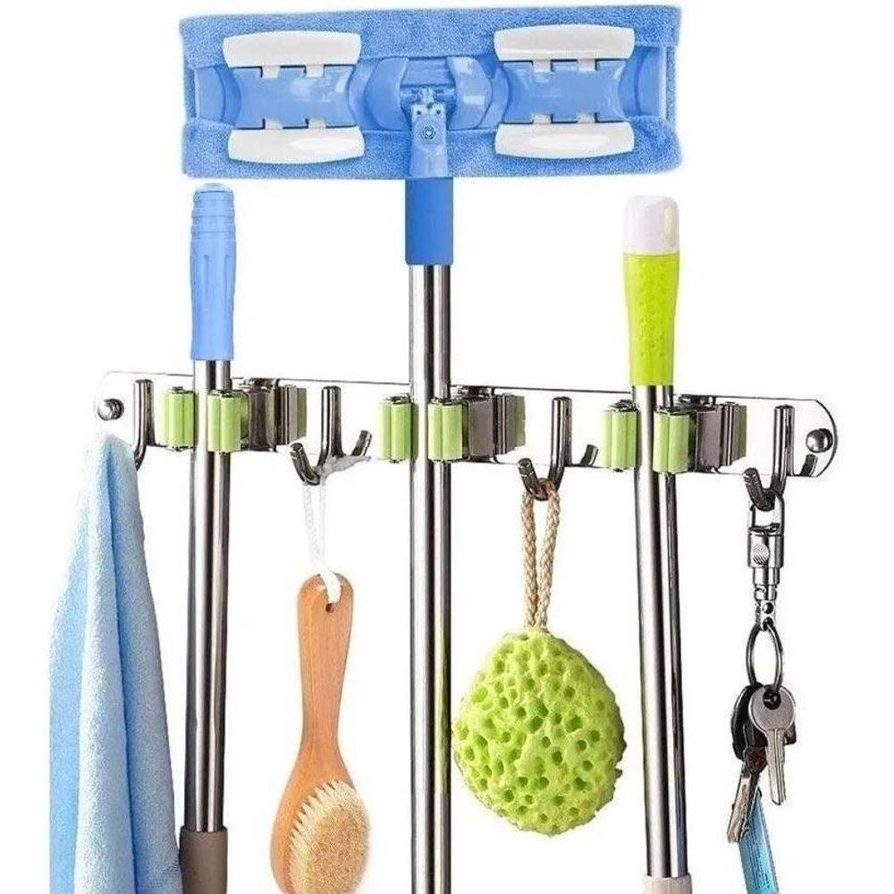 Suporte Com Gancho Inox Para Vassoura Rodo Pá 3 Acessórios