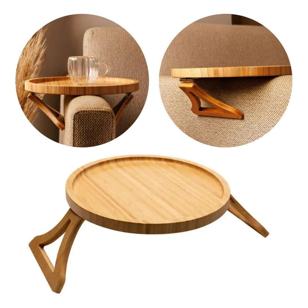 Bandeja Redonda Dobrável Para Braço De Sofá Lyor 25Cm Bambu