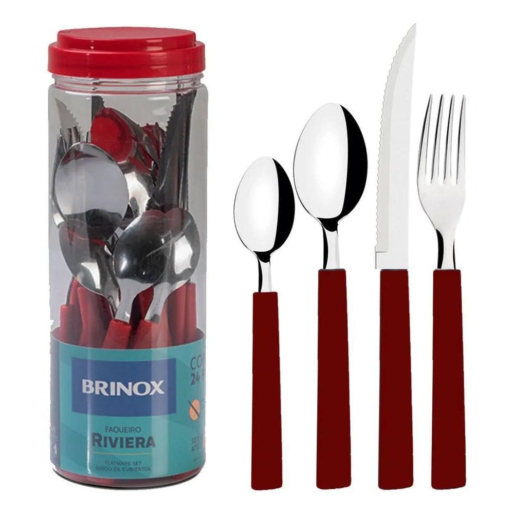 3X Faqueiro Riviera Em Aço Inox Vermelho 24 Pcs Brinox 6025/