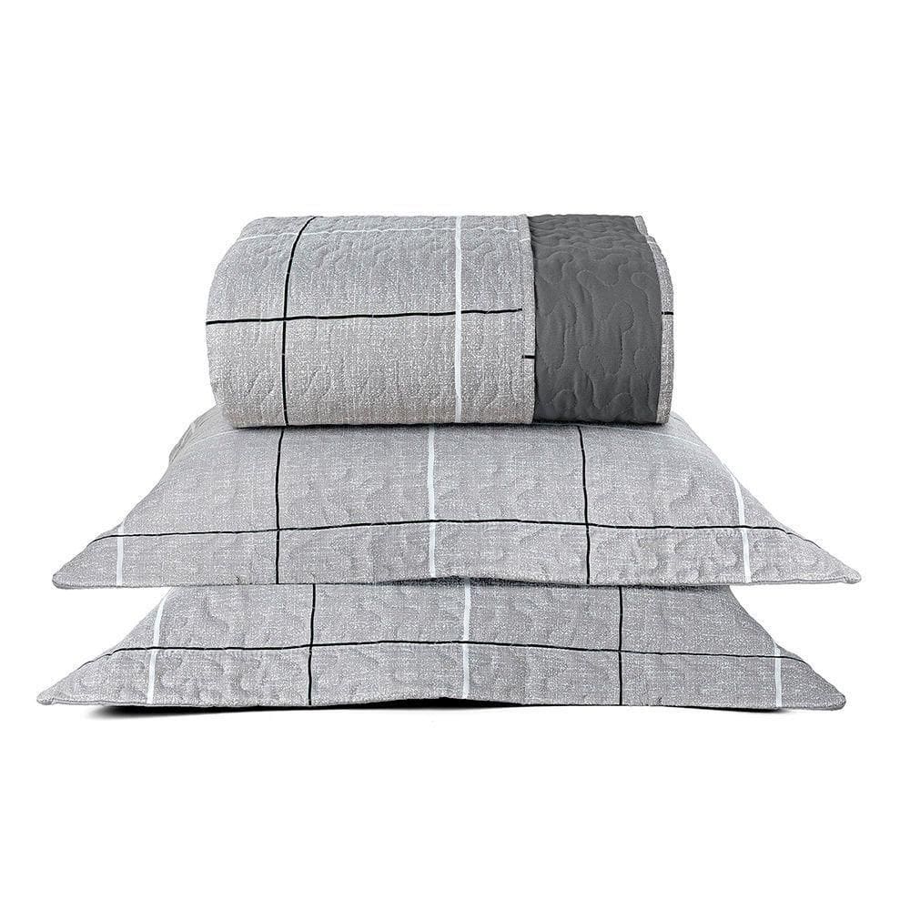 Kit Cobre Leito Colcha Casa Scarpa Celi King Dupla Face Micropercal 200 Fios 3 Peças Xadrez Grid Cinza