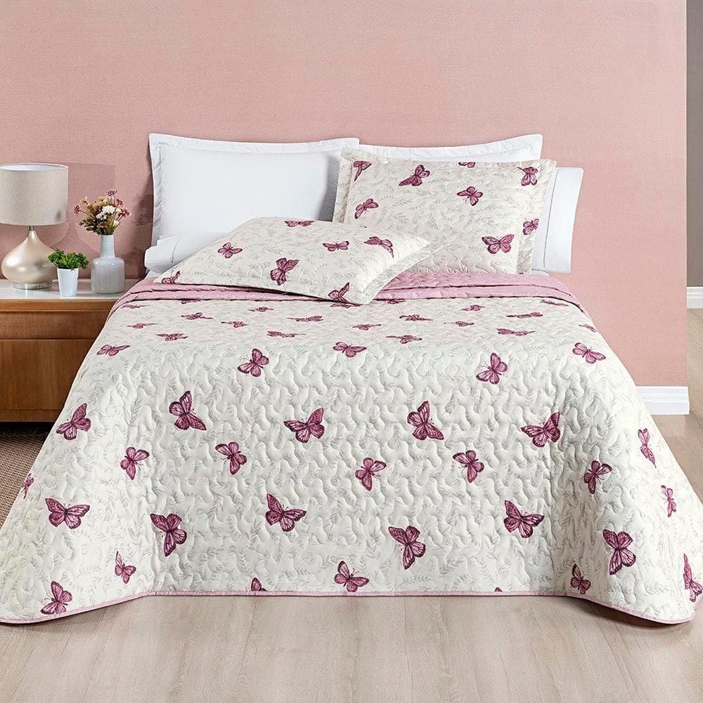 Kit Cobre Leito Colcha Casa Scarpa Celi Casal Padrão Dupla Face Micropercal 200 Fios 3 Peças Borboletas Rosê