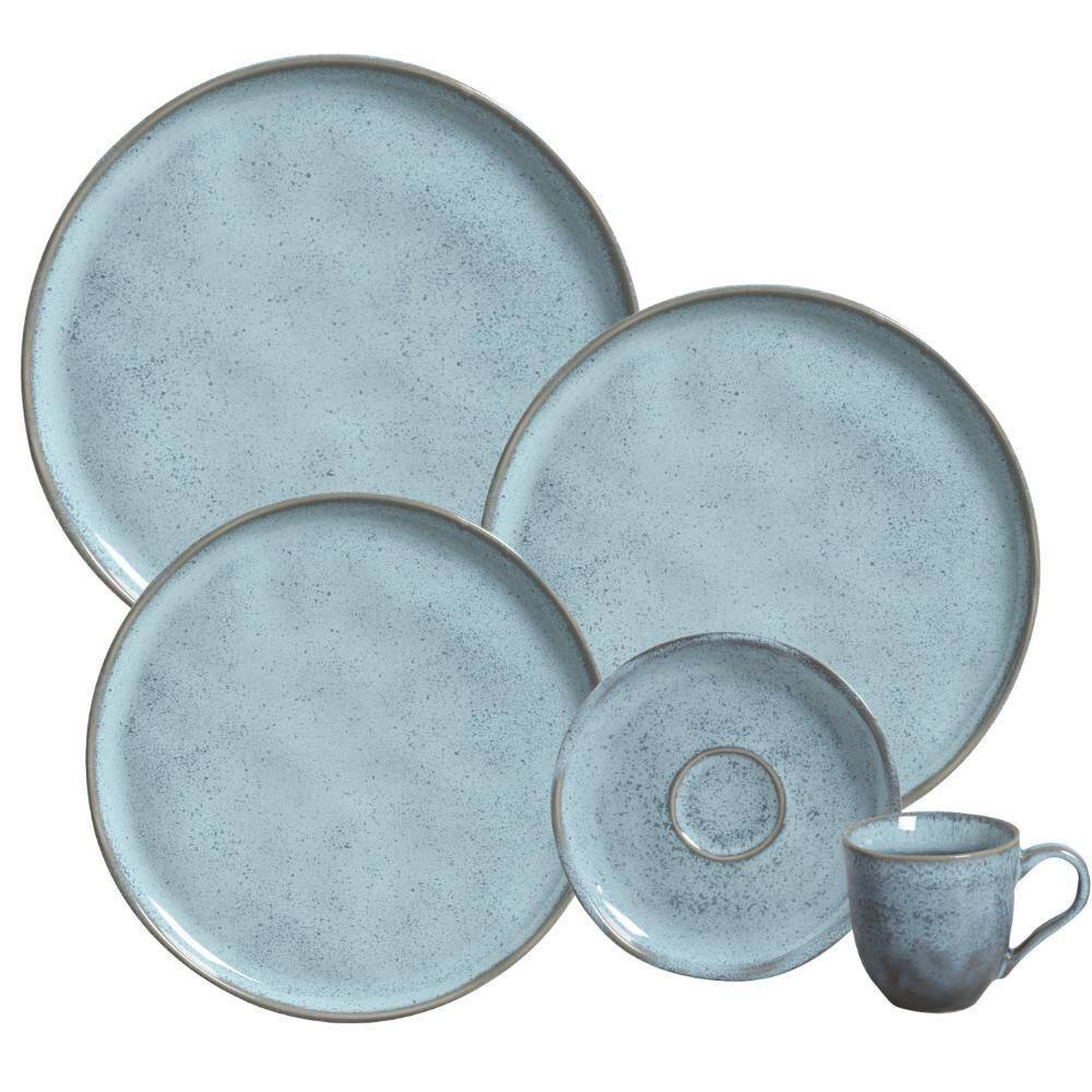 Aparelho Jantar Jogo Pratos 16 Pçs Bio Breeze Azul Cerâmica