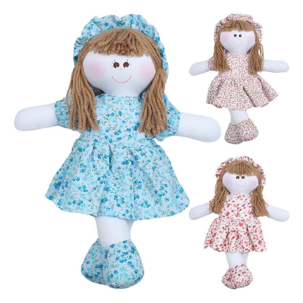 Boneca De Pano 30Cm Vestido E Chapéu Com Estampas Flor Azul