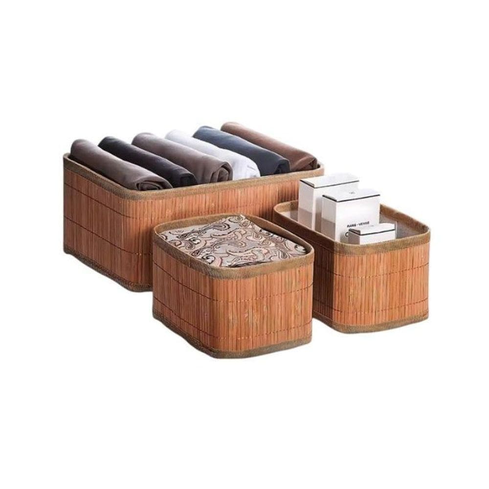Kit Com 03 Cesto Organizador Em Bambu 1 Grande + 2 Pequenos