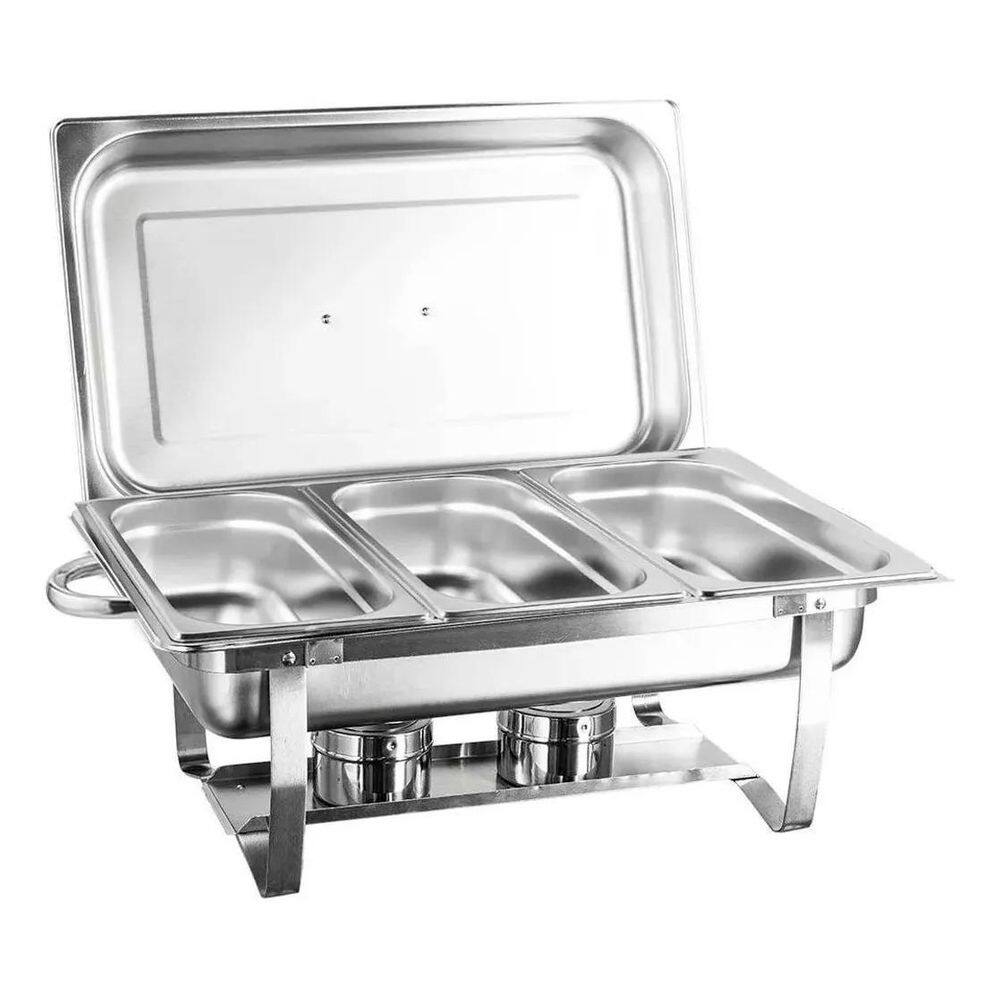 Rechaud Retangular Aço Inox Banho Maria 3 Cubas 9L Buffet