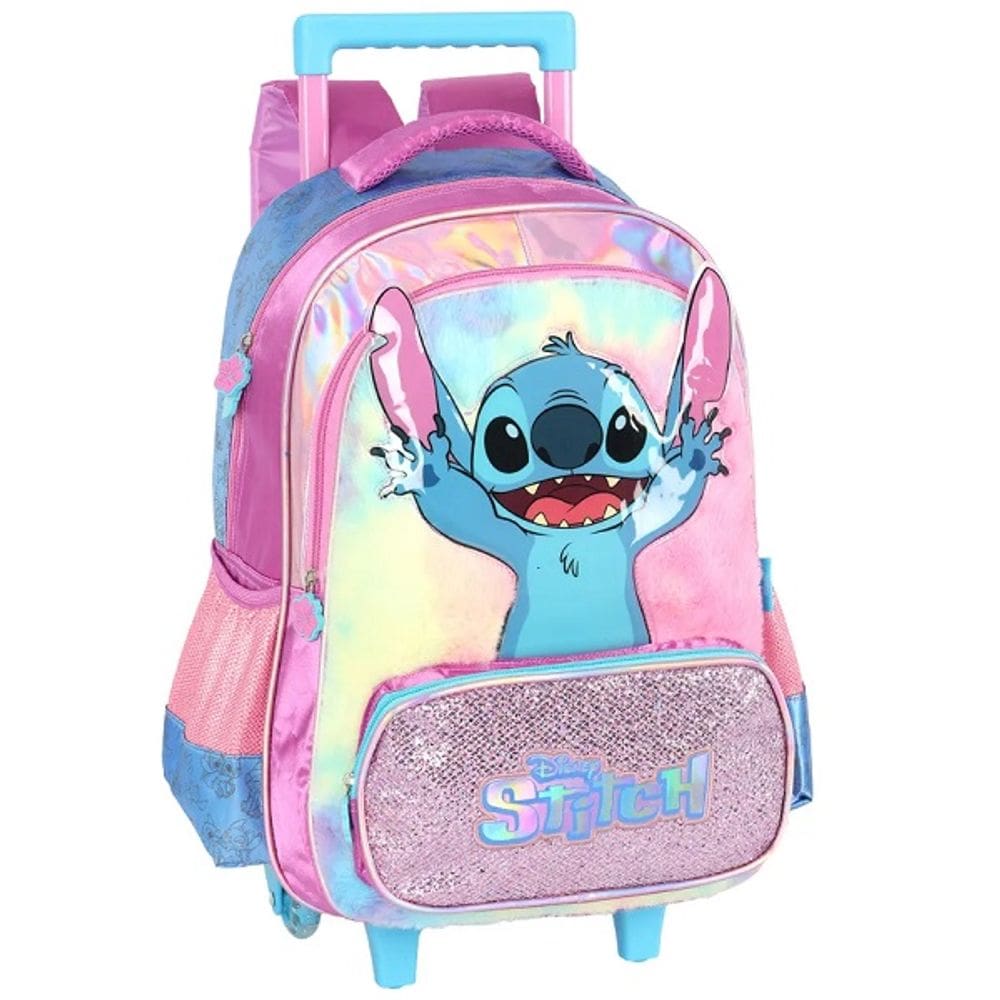 Mochila Escolar de Rodinhas Infantil STITCH Peluciada Disney Roxo