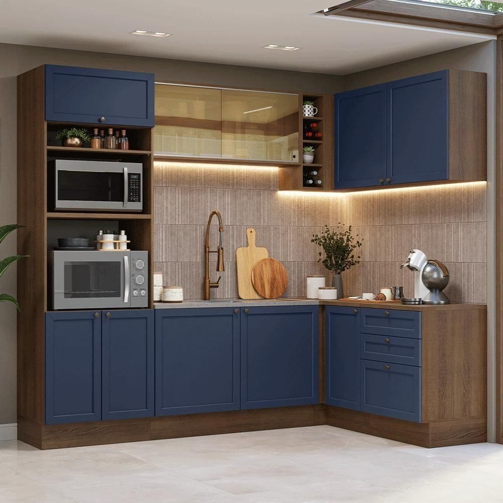 Armário De Cozinha Completa De Canto 399 Cm Rustic-azul Vik Madesa 02 Rustic-azul