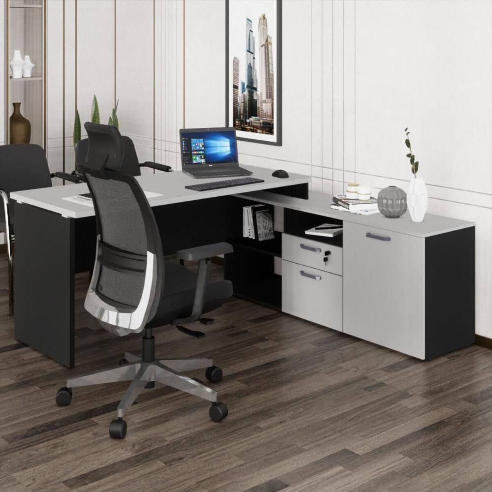 Escrivaninha Com Balcão Lateral 170cm 1 Porta 2 Gavetas Multimóveis Cr25308 Cinza Preto