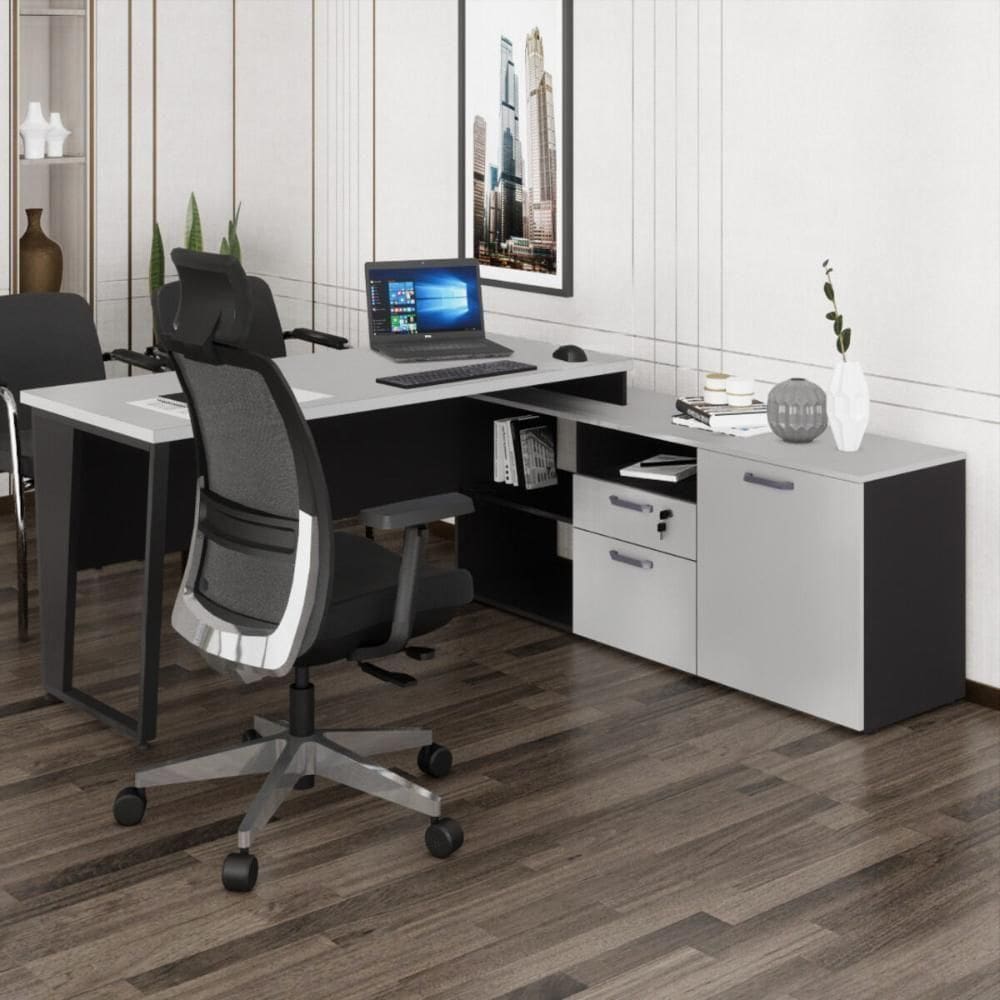 Escrivaninha Com Balcão Lateral 170cm 1 Porta 2 Gavetas Multimóveis Cr25307 Cinza Preto