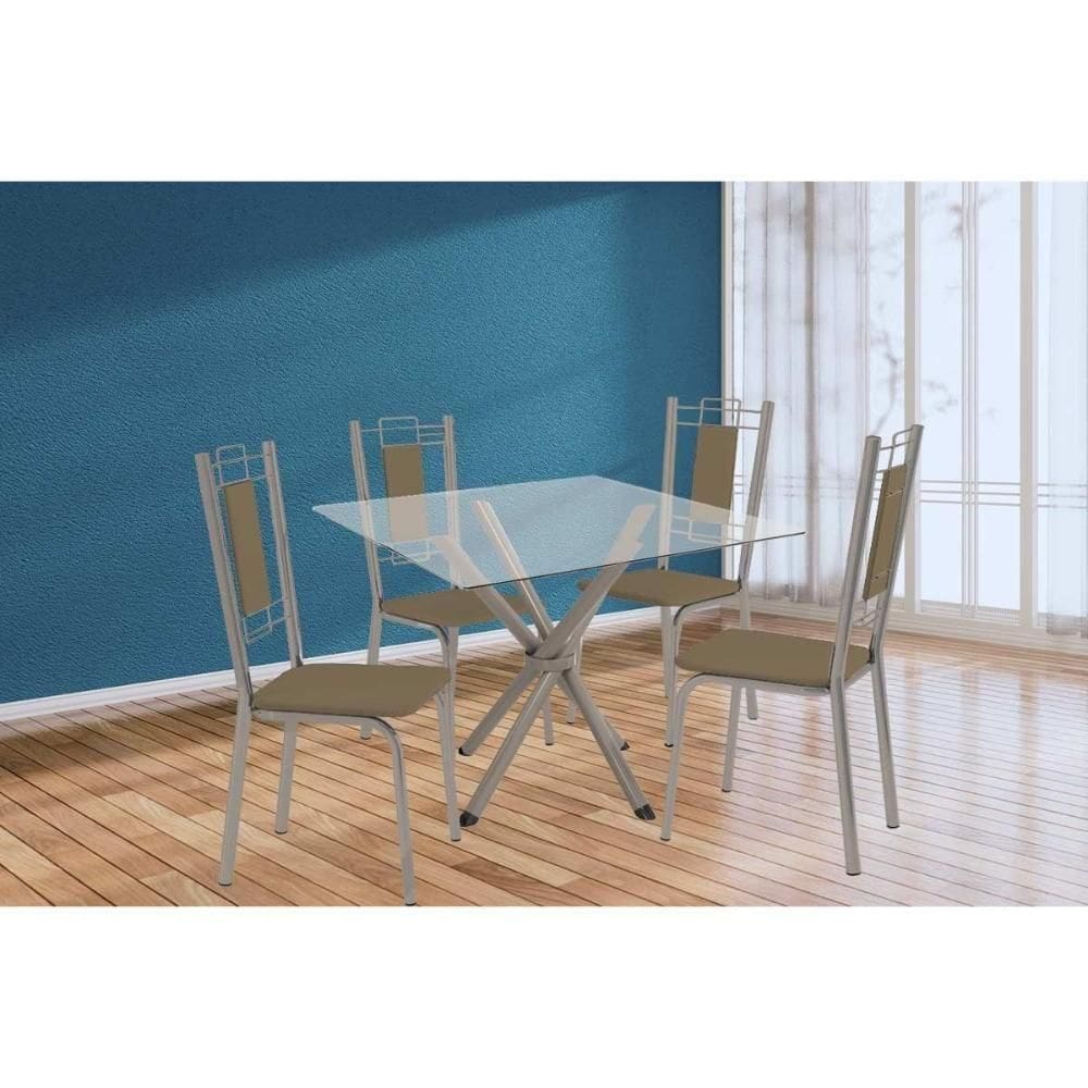 Conjunto: Mesa Sala Jantar Volga C- Tampo De Vidro 90cm E 4 Cadeiras Florença Niquel - Courano Capuccino - Kappesberg