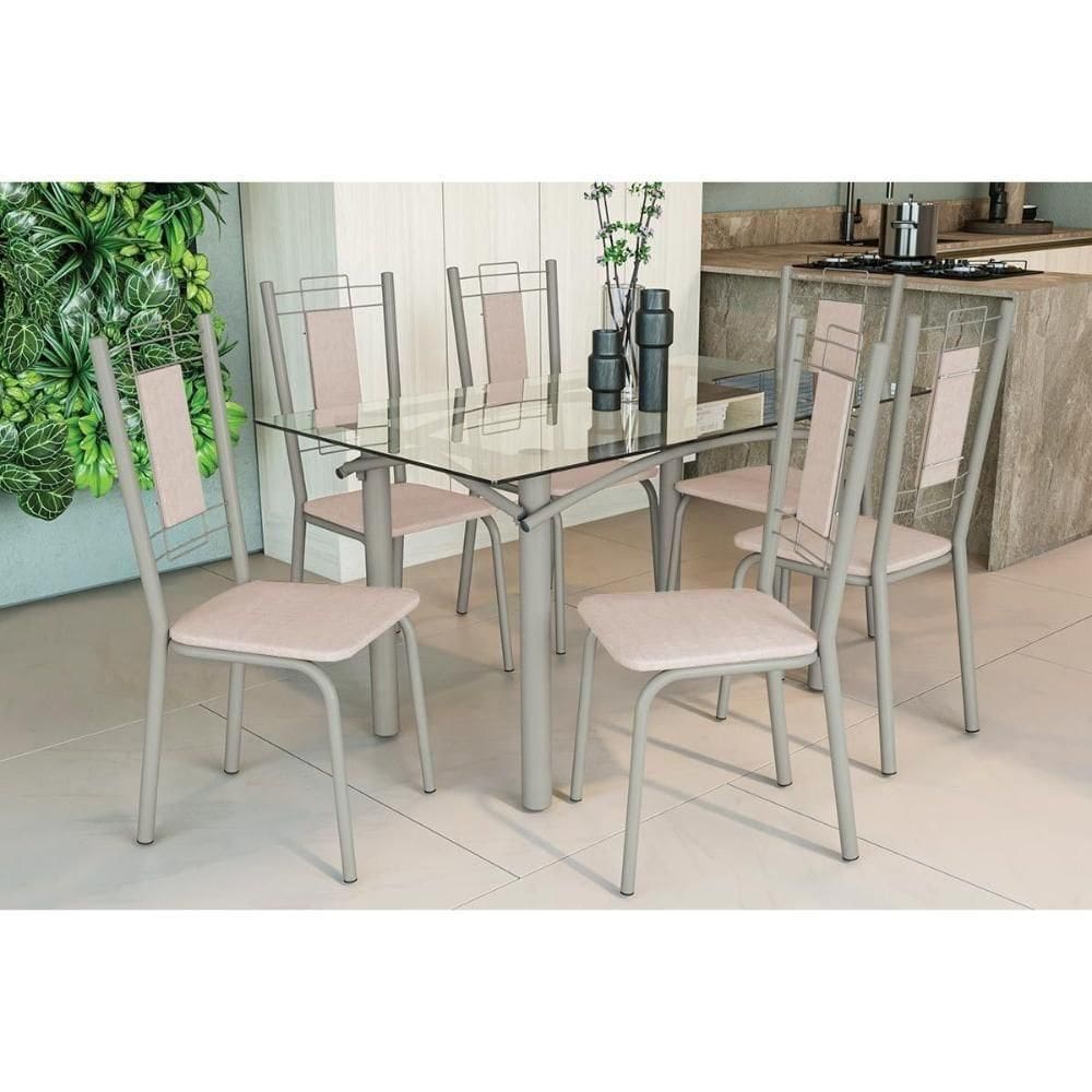 Conjunto: Mesa Sala Jantar Elba C- Tampo De Vidro 150cm E 6 Cadeiras Florença Niquel - Courano Bege - Kappesberg