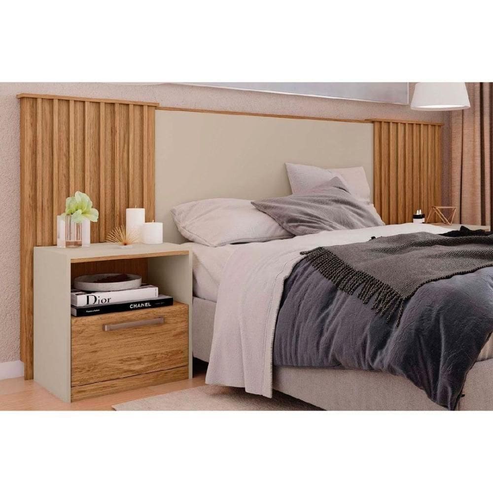 Painel Cama Box Madeirado Extensível Casal-queen-king Lucius 2 Mesas C- 1 Gaveta Freijo-off White - Caemmun