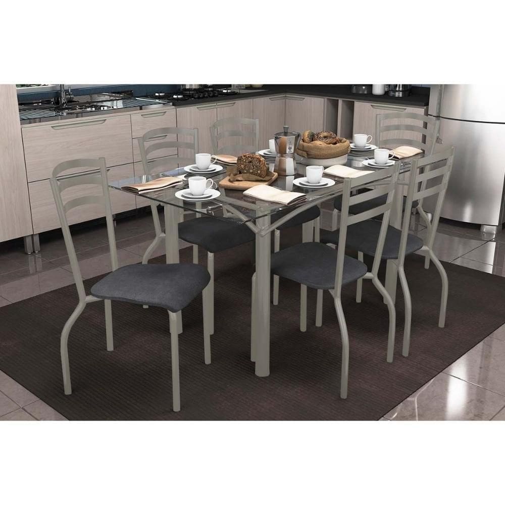 Conjunto: Mesa De Cozinha Elba C- Tampo De Vidro 150cm E 6 Cadeiras Portugal Niquel - Courano Preto - Kappesberg
