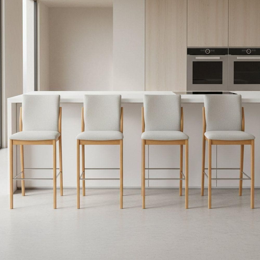 Kit 4 Banqueta Aura Alta Madeira Maciça E Linho 25 Bege Design Moderno Conforto Com Apoio Para Pés Mobília Decor