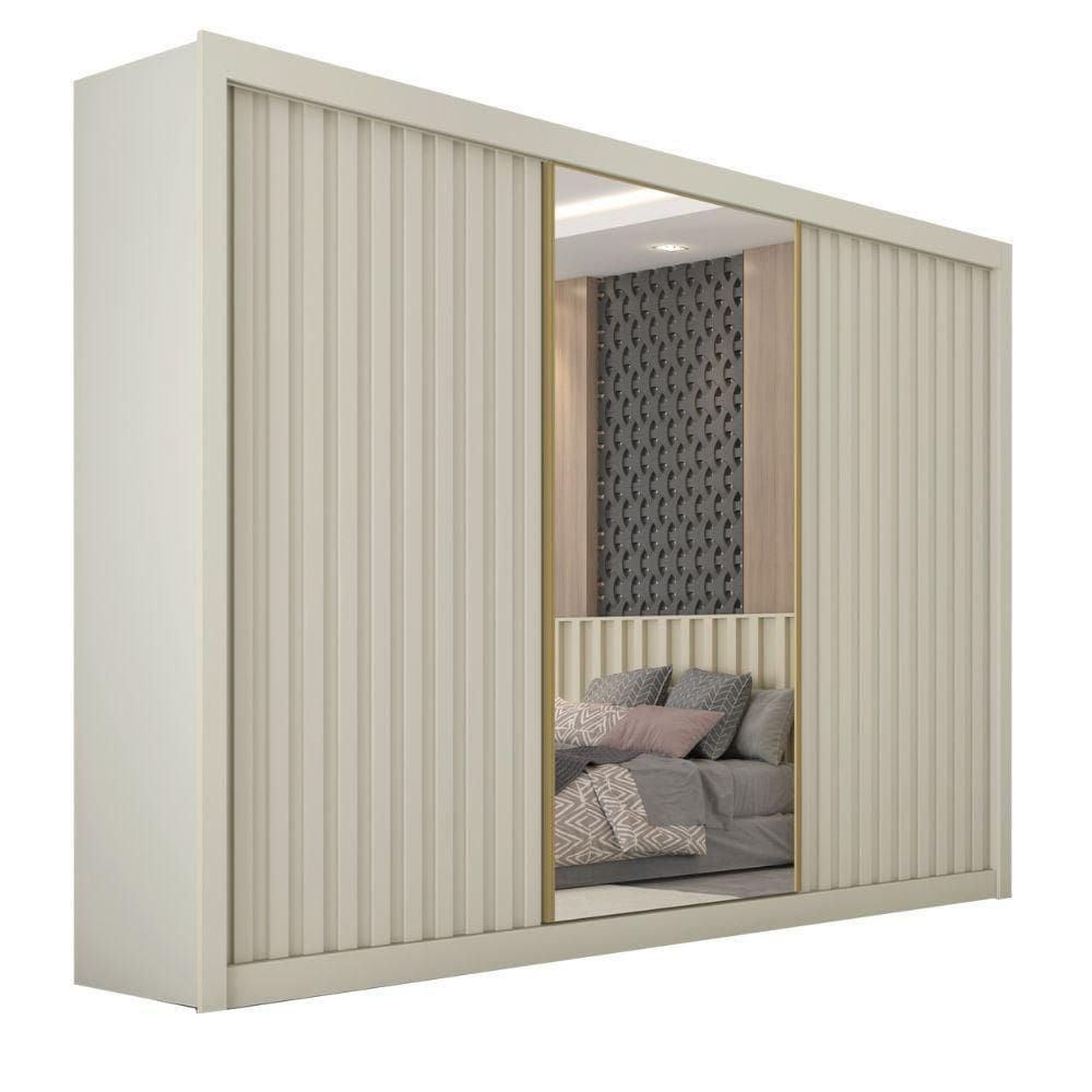 Guarda Roupas Casal 3 Portas De Correr Com Espelho Ripado 100% Mdf 6 Gavetas Dublin Off White