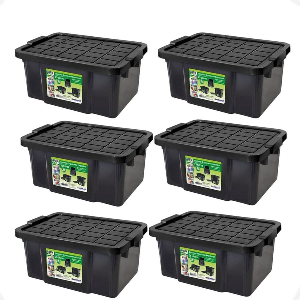 6 Caixa Organizadora Multiuso Preta 15L Empilhável Com Tampa