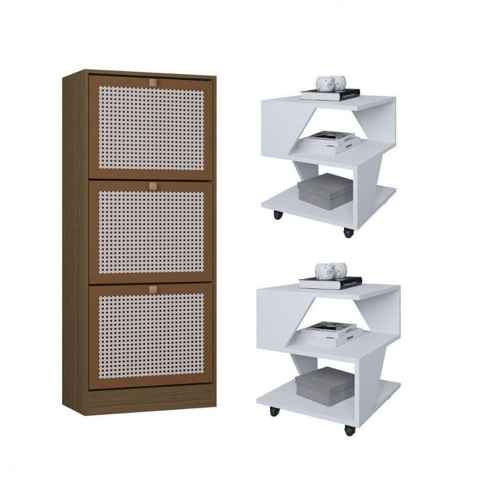 Kit Sapateira Spin Tropical 3 Portas E 2 Mesas De Cabeceira Branco/carvalho