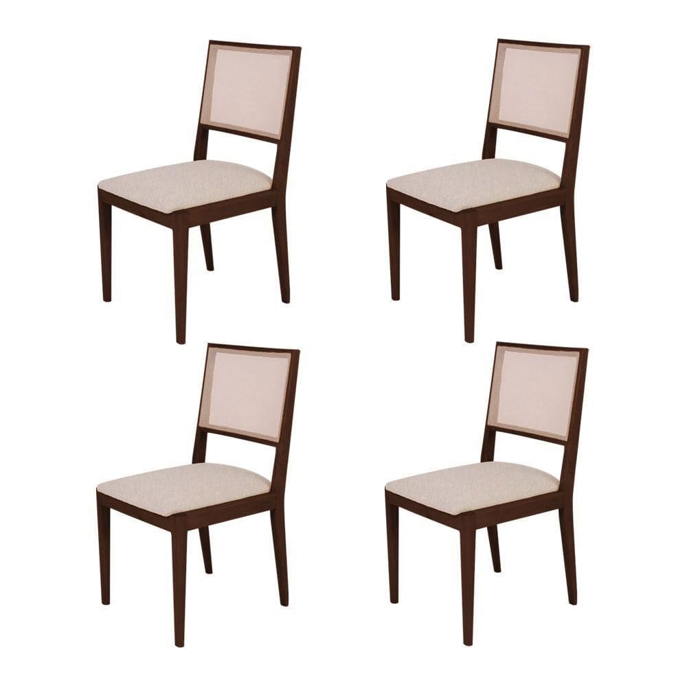 Conjunto Com 4 Cadeiras De Jantar Estofada Suellen Em Madeira E Mdf Castanho Linho Bege