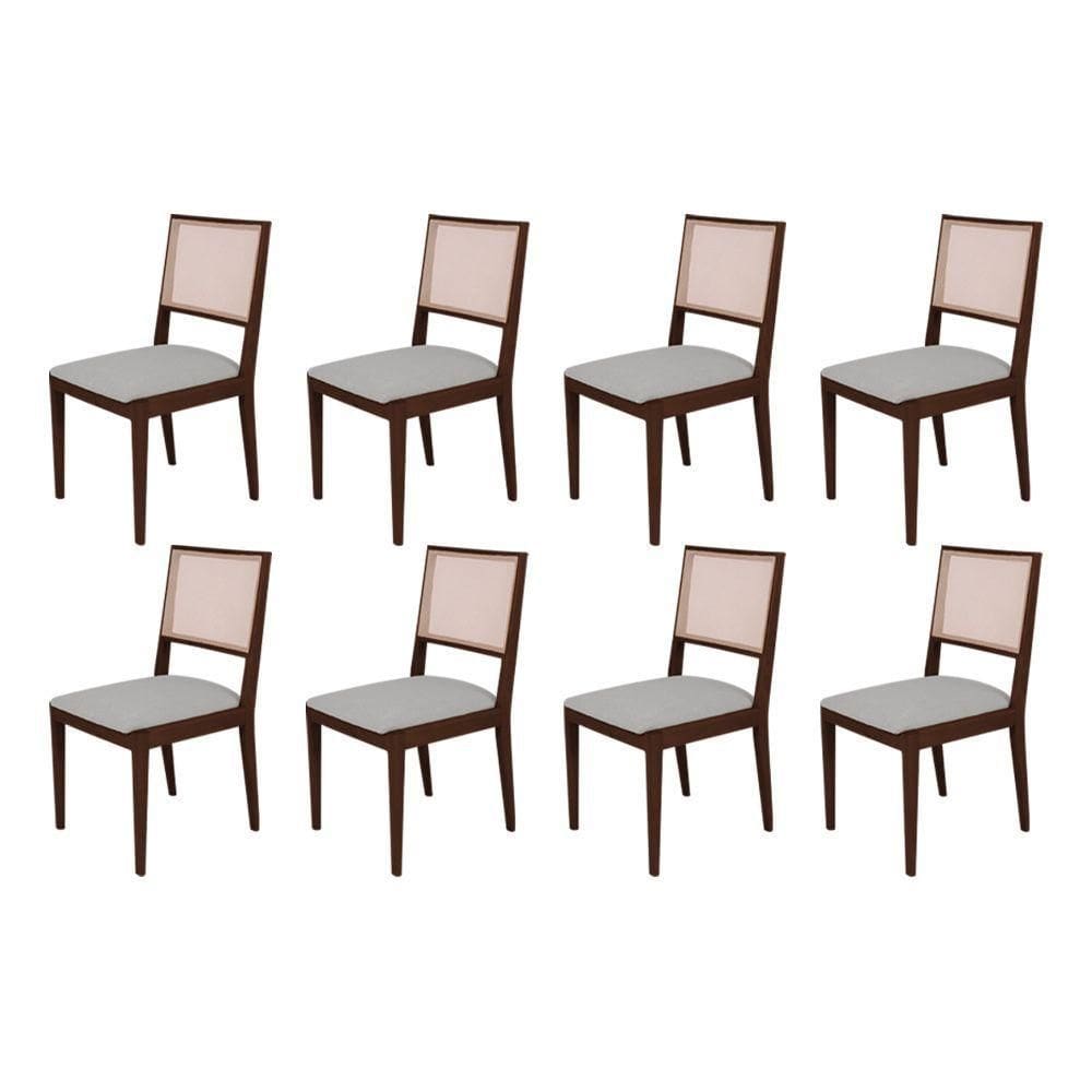 Conjunto Com 8 Cadeiras De Jantar Estofada Suellen Em Madeira E Mdf Castanho Linho Cinza Prata