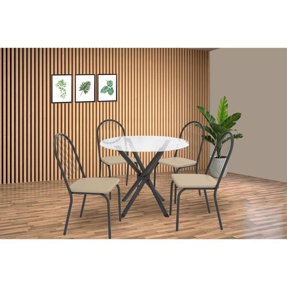 Conjunto: Mesa De Cozinha Volga C- Tampo De Vidro 95cm E 4 Cadeiras Noruega Preto - Bege - Kappesberg