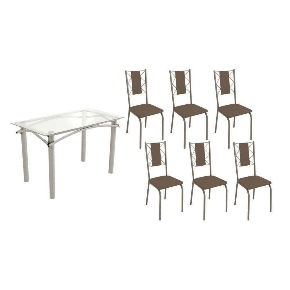 Conjunto: Mesa Sala Jantar Elba C- Tampo De Vidro 120cm E 6 Cadeiras Lisboa Niquel - Courano Marrom - Kappesberg
