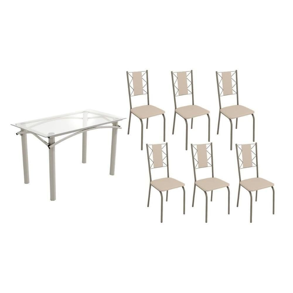 Conjunto: Mesa De Cozinha Elba C- Tampo De Vidro 120cm E 6 Cadeiras Lisboa Niquel - Courano Bege - Kappesberg