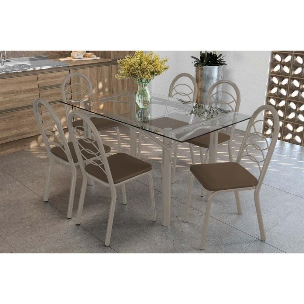 Conjunto: Mesa De Cozinha Elba C- Tampo De Vidro 150cm E 6 Cadeiras Holanda Niquel - Courano Marrom - Kappesberg