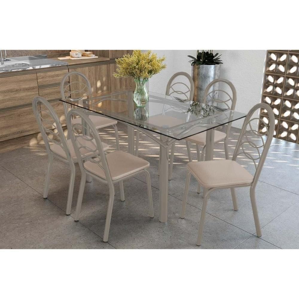 Conjunto: Mesa De Cozinha Elba C- Tampo De Vidro 150cm E 6 Cadeiras Holanda Niquel - Courano Bege - Kappesberg