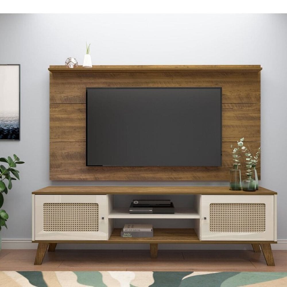 Conjunto de 2 Peças Painel Slim e Rack com Portas com Dobradiças Metálicas Charlotte Pinho/Off White