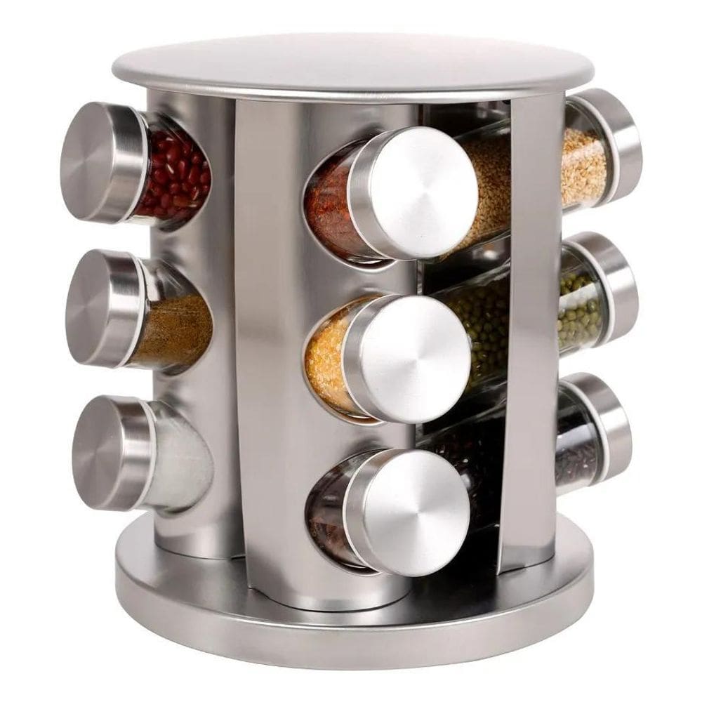 2X Porta Tempero Giratório 360 Com 12 Potes Vidro Suporte In