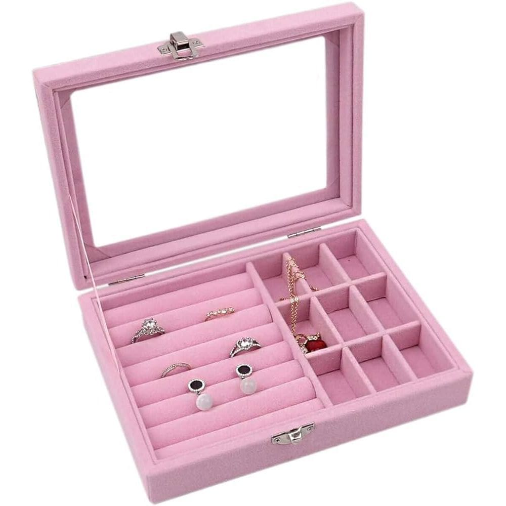 Estojo Porta Joias Tampa De Vidro Divisórias Rosa Barbie