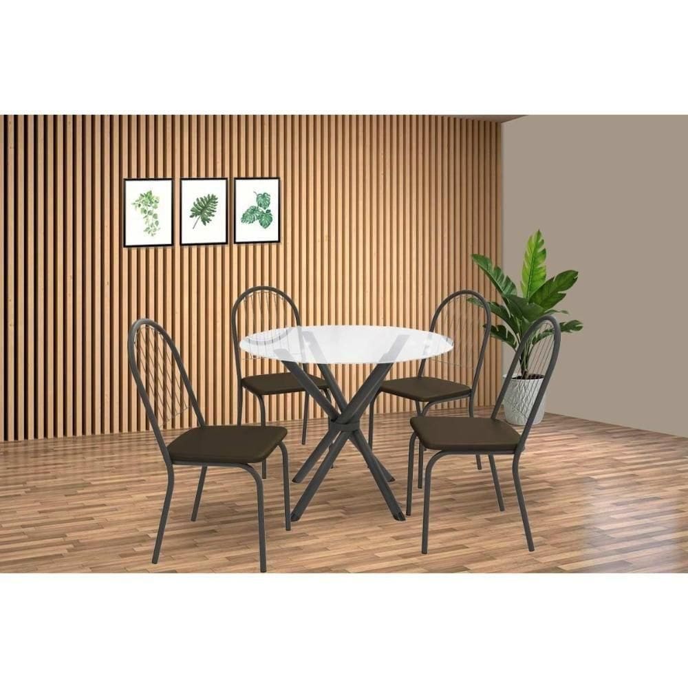 Conjunto: Mesa Sala Jantar Volga C- Tampo De Vidro 95cm E 4 Cadeiras Noruega Preto - Marrom - Kappesberg