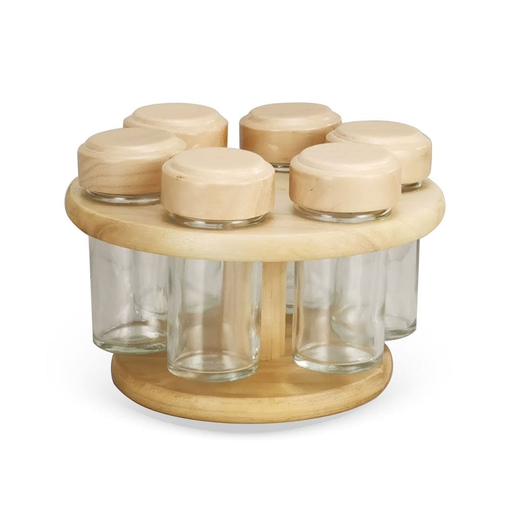 Porta Temperos Condimentos Giratório em Madeira 6 Potes 80ml ZT2009 BTC