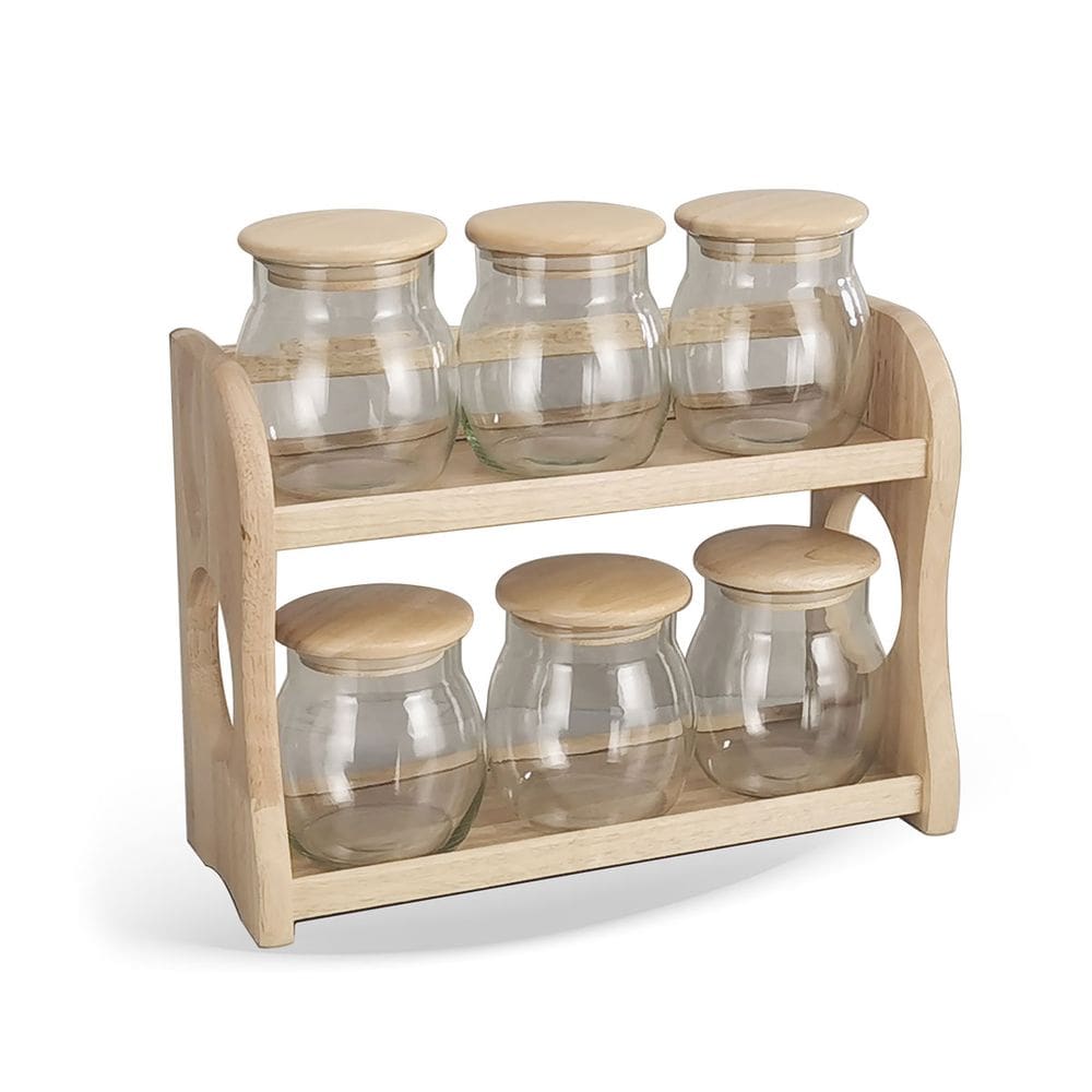 Porta Temperos Condimentos em Madeira 6 Potes Herméticos 550ml ZT2007 BTC